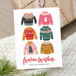 Colorful Ugly Sweater Non-Photo Holiday Postcard<br><div class="desc">Send your loved ones holiday cheer with our colorful holiday postcard! The non-photo holiday postcard features 6 cute and colorful ugly sweaters in a color palette of pink, red, green, and gold. The phrase "Warm Wishes" is displayed below in a red, hand-lettered script. Personalize the front of the postcard by...</div>