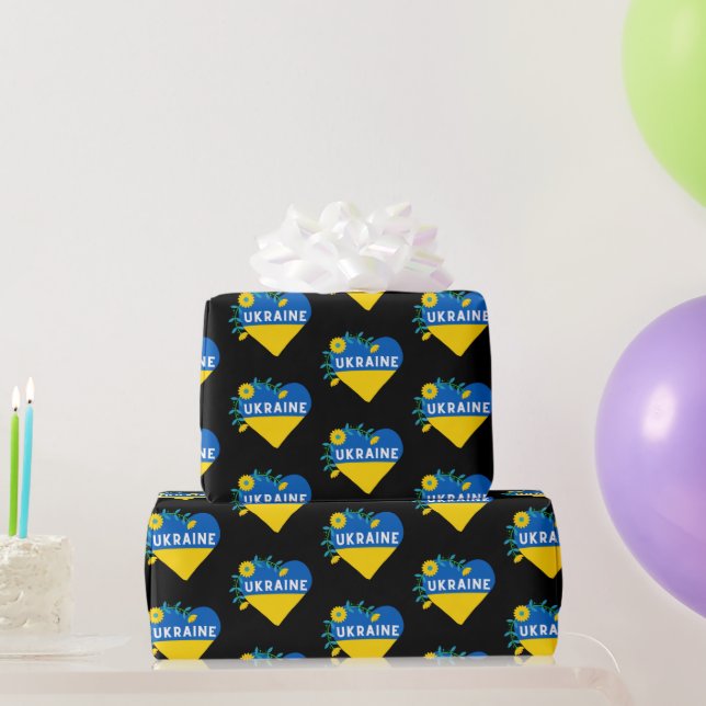 Colorful Ukraine Flag Flower Heart  Wrapping Paper (Party Gifts)