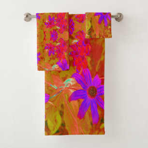 Colorful Ultra-Violet, Magenta and Red Wildflowers Bath Towel Set