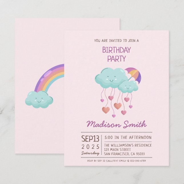Colorful Umbrella Birthday Card with Cute Clouds  (Front/Back)