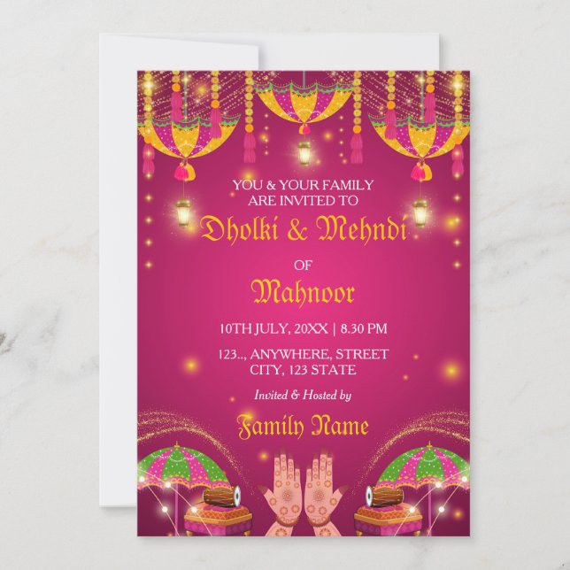 Colorful Umbrella Mehndi & Dholki Night Invitation (Front)