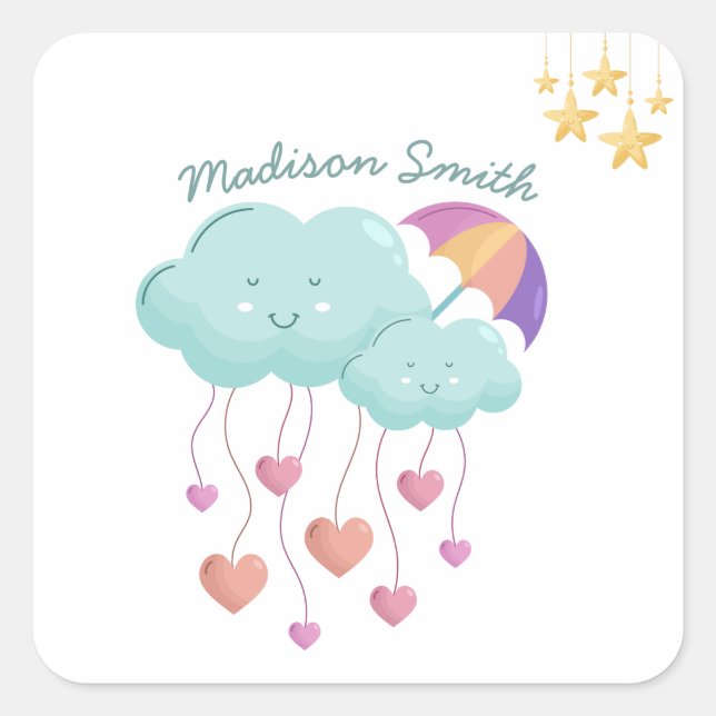 Colorful Umbrella with Cute Clouds Square Sticker (Front)
