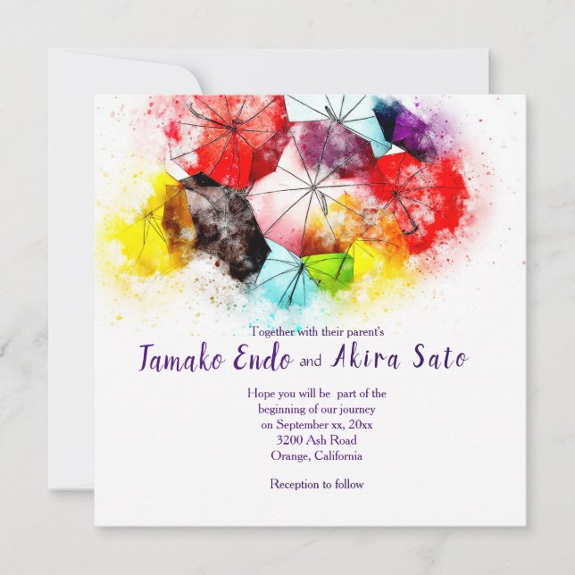 Colorful Umbrellas Wedding Invitation (Front)