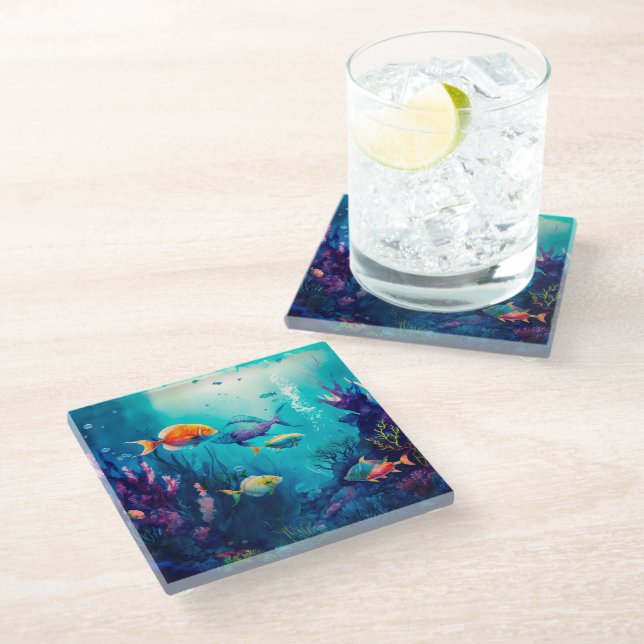 Colorful under the sea landscape glass coaster (Angled)