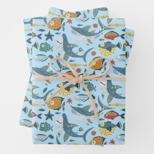 Colorful Under The Sea Shark Ocean Blue Pattern Wrapping Paper Sheets