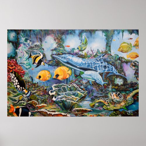 Colorful Undersea  Ocean Scene Fish Sea Turtles Poster