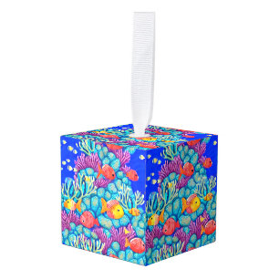 Colorful Underwater Coral Reef Seamless Pattern Cube Ornament