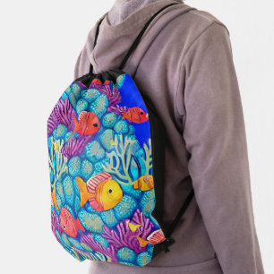 Colorful Underwater Coral Reef Seamless Pattern Drawstring Bag