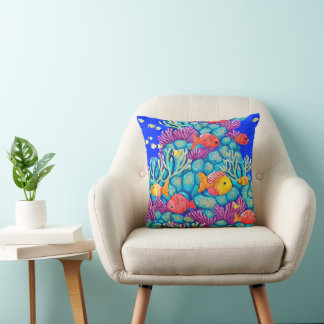 Colorful Underwater Coral Reef Seamless Pattern Throw Pillow