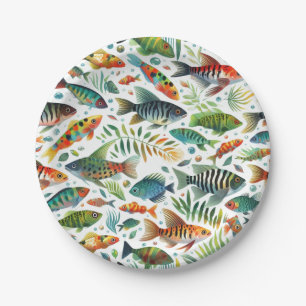 Colorful underwater fish art paper plates