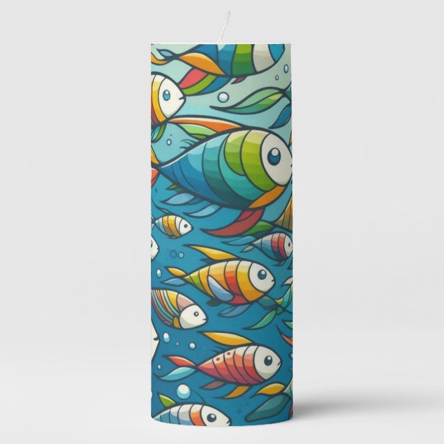 Colorful underwater fish art pillar candle (Front)