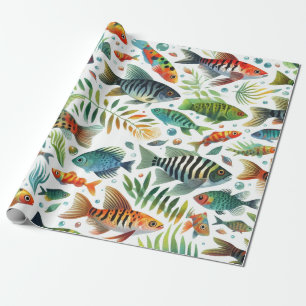 Colorful underwater fish art wrapping paper