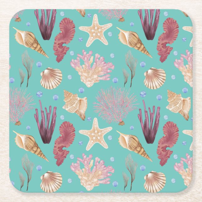 Colorful Underwater Life Pattern Square Paper Coaster (Front)