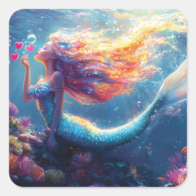 Colorful Underwater Mermaid Illustration  Square Sticker (Front)