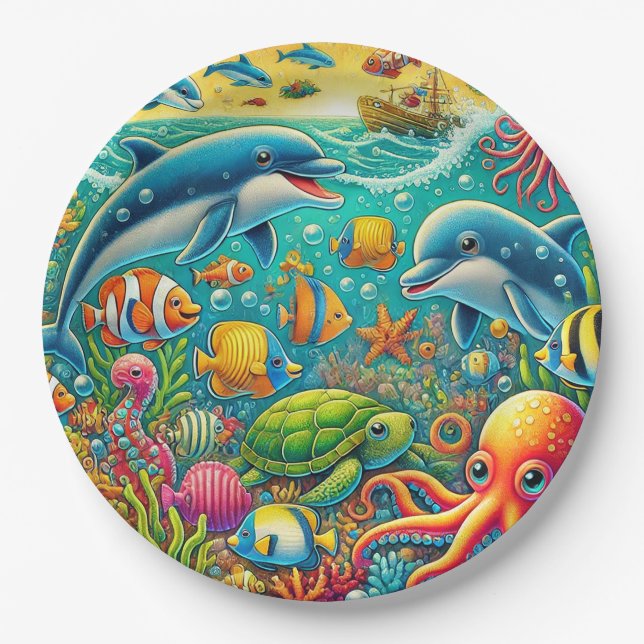Colorful Underwater Scene Featuring Marine Life Paper Plates (Front)
