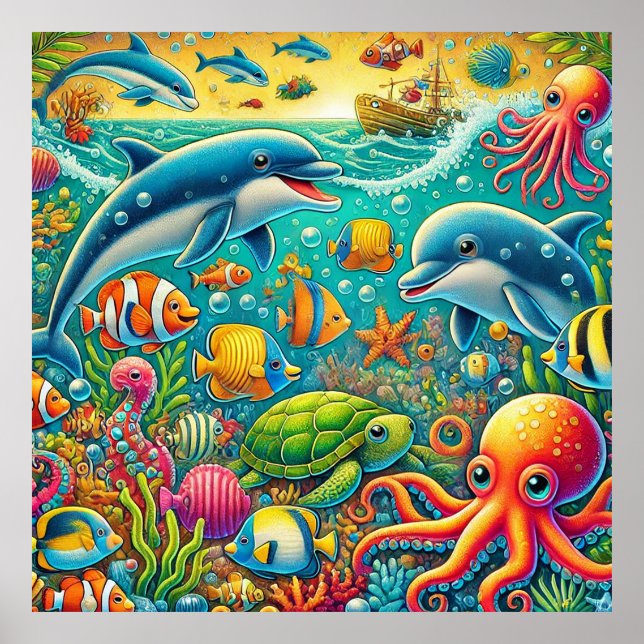 Colorful Underwater Scene Featuring Marine Life Poster (Front)