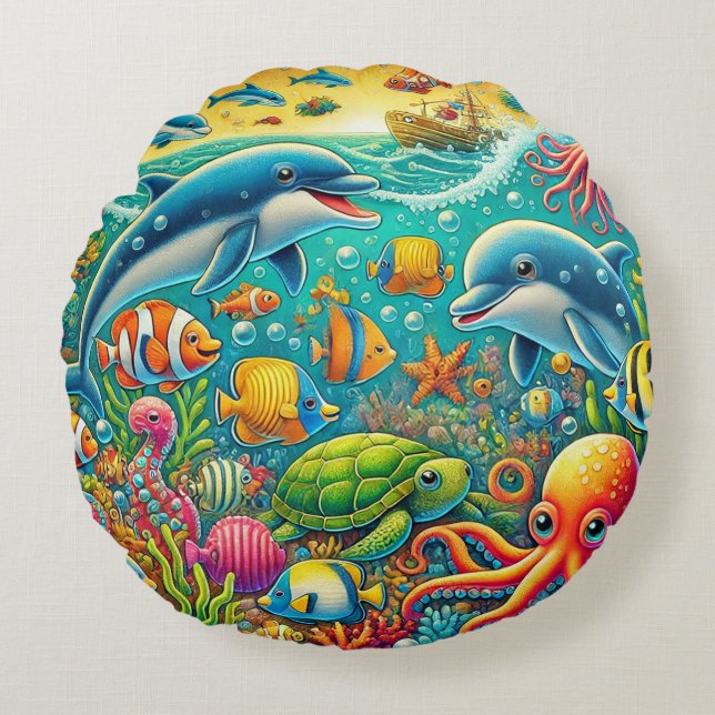 Colorful Underwater Scene Featuring Marine Life Round Pillow (Front)