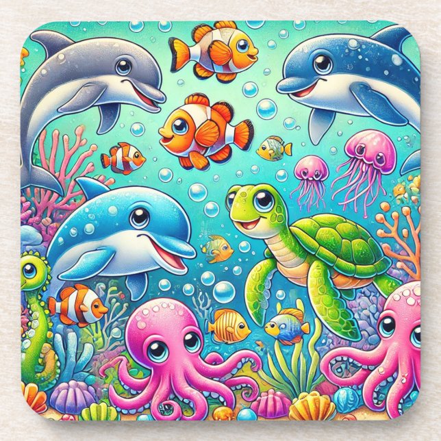 Colorful Underwater Scene Featuring Playful Sea Beverage Coaster (Front)
