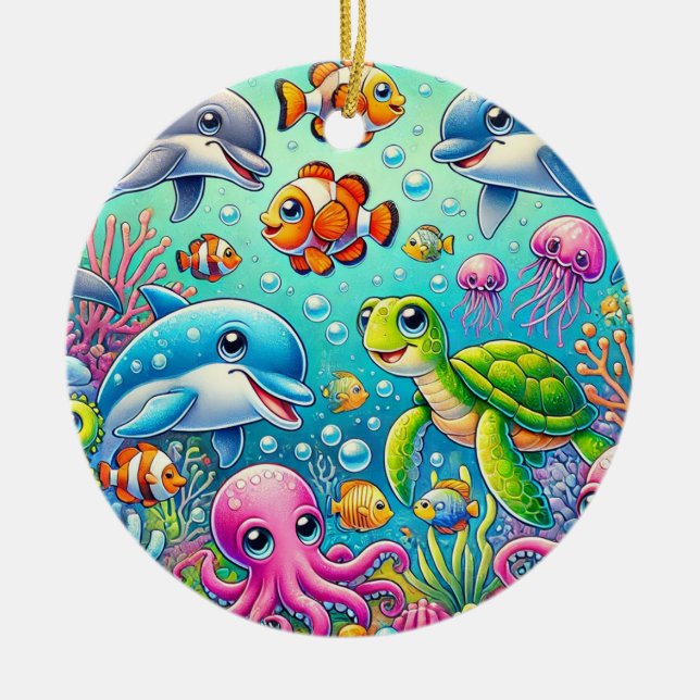 Colorful Underwater Scene Featuring Playful Sea Ceramic Ornament (Front)