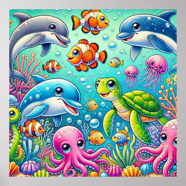 Colorful Underwater Scene Featuring Playful Sea Poster (Front)
