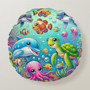 Colorful Underwater Scene Featuring Playful Sea Round Pillow