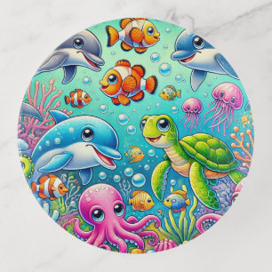 Colorful Underwater Scene Featuring Playful Sea Trinket Tray