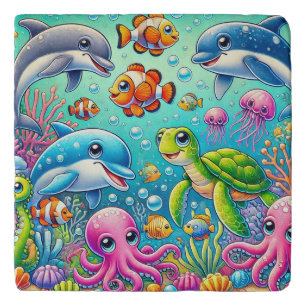 Colorful Underwater Scene Featuring Playful Sea Trivet