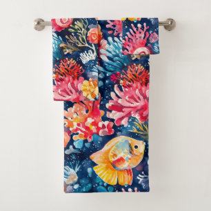 Colorful Underwater Sea Life Ocean  Bath Towel Set