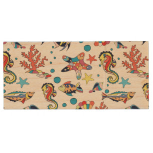 Colorful Underwater Sea Life Pattern Wood USB Flash Drive