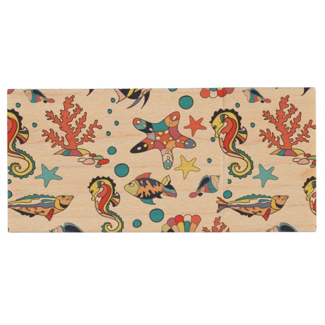 Colorful Underwater Sea Life Pattern Wood USB Flash Drive (Front)