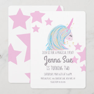 Colorful Unicorn and Pink Stars Birthday Party Invitation