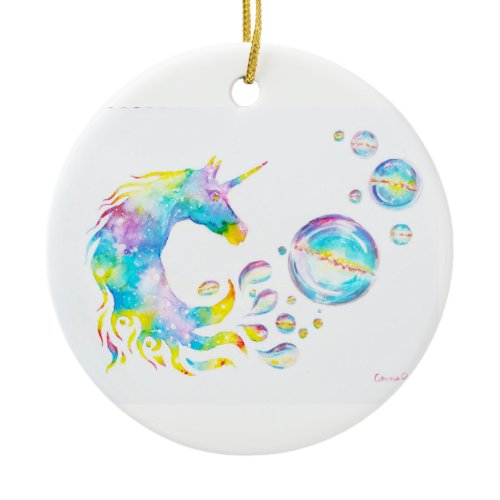 Colorful unicorn and spheres ceramic ornament
