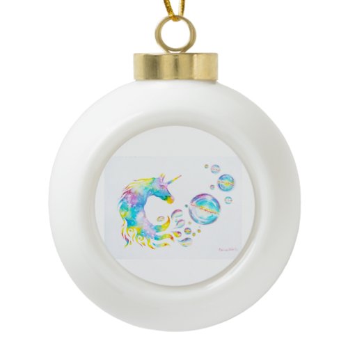 Colorful unicorn and spheres, watercolor painting ceramic ball christmas ornament