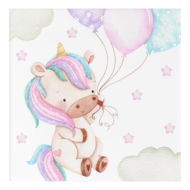 Colorful Unicorn, Balloons, Stars, Girl Nursery Acrylic Print (Front)