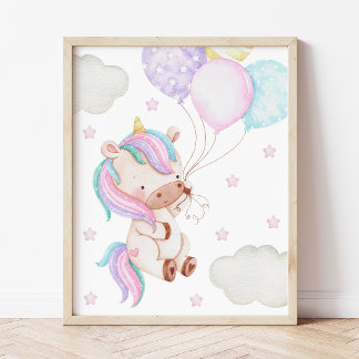 Colorful Unicorn, Balloons, Stars, Girl Nursery Poster