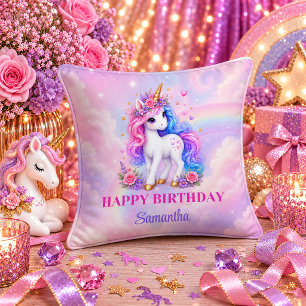Colorful Unicorn Birthday Girl Magical Rainbow Pil Throw Pillow