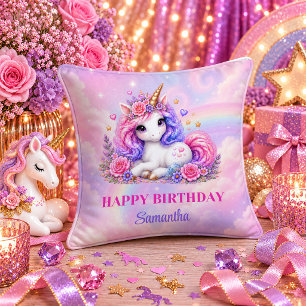 Colorful Unicorn Birthday Girl Magical Rainbow Pil Throw Pillow
