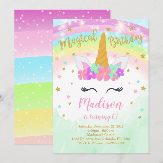 Colorful Unicorn Birthday Invitation (Front/Back)