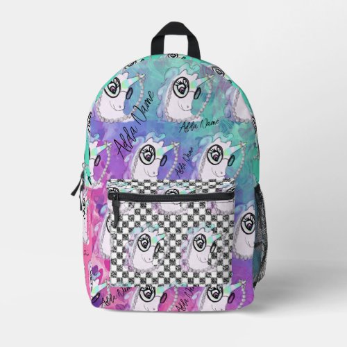 Colorful Unicorn Checkered Editable Name Printed Backpack