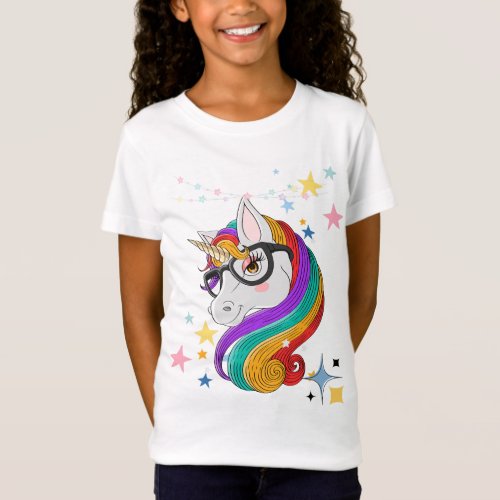 Colorful Unicorn Girl w Glasses Retro Swirl Girls T_Shirt
