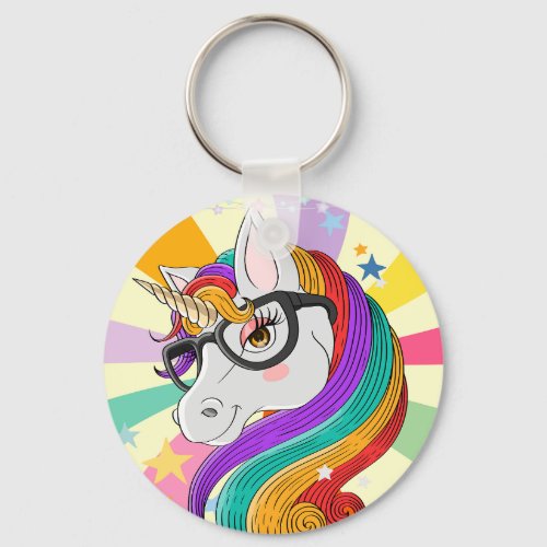 Colorful Unicorn Girl wearing glasses retro style Keychain