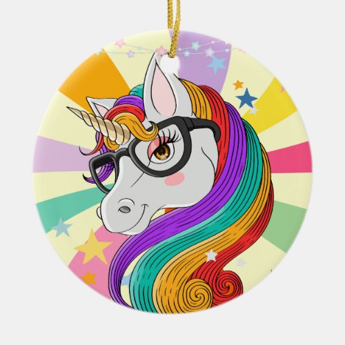 Colorful Unicorn Girl Wearing Glasses Retro Swirl  Ceramic Ornament