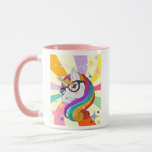 Colorful Unicorn Girl with Glasses Retro Swirl  Mug
