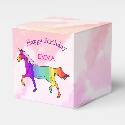 Colorful Unicorn Happy Birthday Name Favor Box - A colorful rainbow unicorn on a pink sky pattern, with a text Happy birthday and a name. Perfect for a girl who like unicorns.