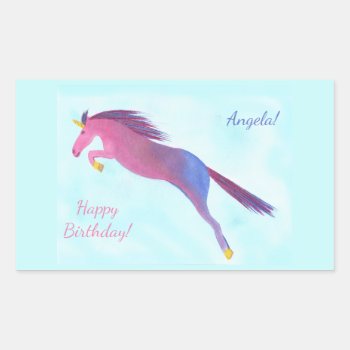 Colorful Unicorn Happy Birthday Personalized Rectangular Sticker by Cherylsart at Zazzle
