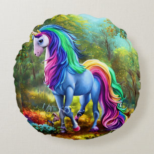 Colorful Unicorn Horse in The Forest-46567 Round Pillow