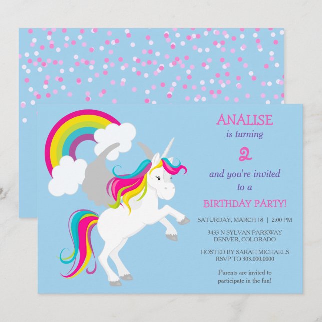 Colorful Unicorn Kids Birthday Party Invitation (Front/Back)