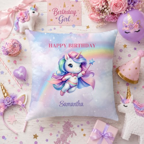Colorful Unicorn Magical Day Girl Birthday Pillow