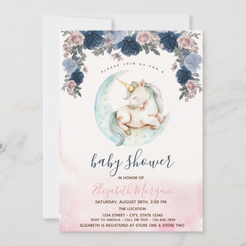 Colorful Unicorn Moon Flowers Baby Shower  Invitation