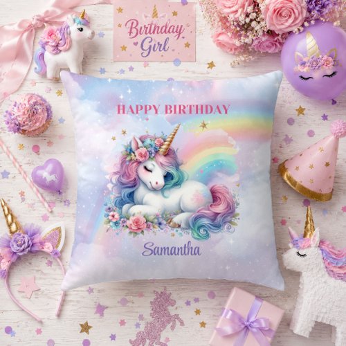 Colorful Unicorn Pastel Magical Girl Birthday Pill Throw Pillow